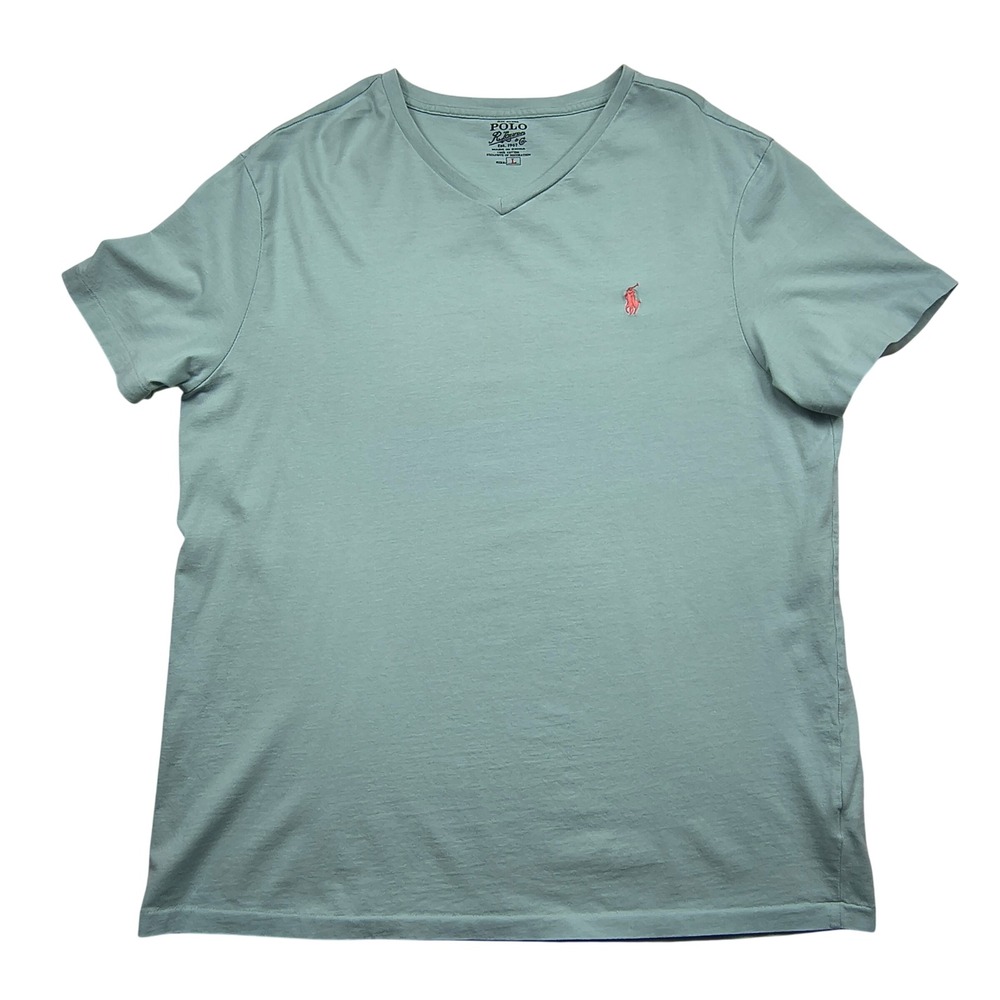 Polo Ralph Lauren Mens‎ V-Neck T-Shirt Large Sage Green Pink Pony 100% Cotton L